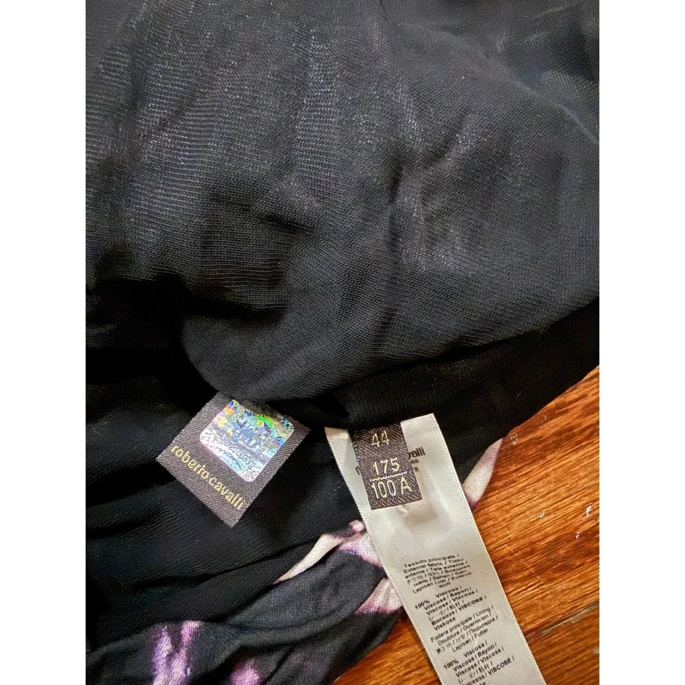 Roberto Cavalli‎ Ruched Tie Dye Mini Dress Long Sleeve Cowl Neck Purple Black 44